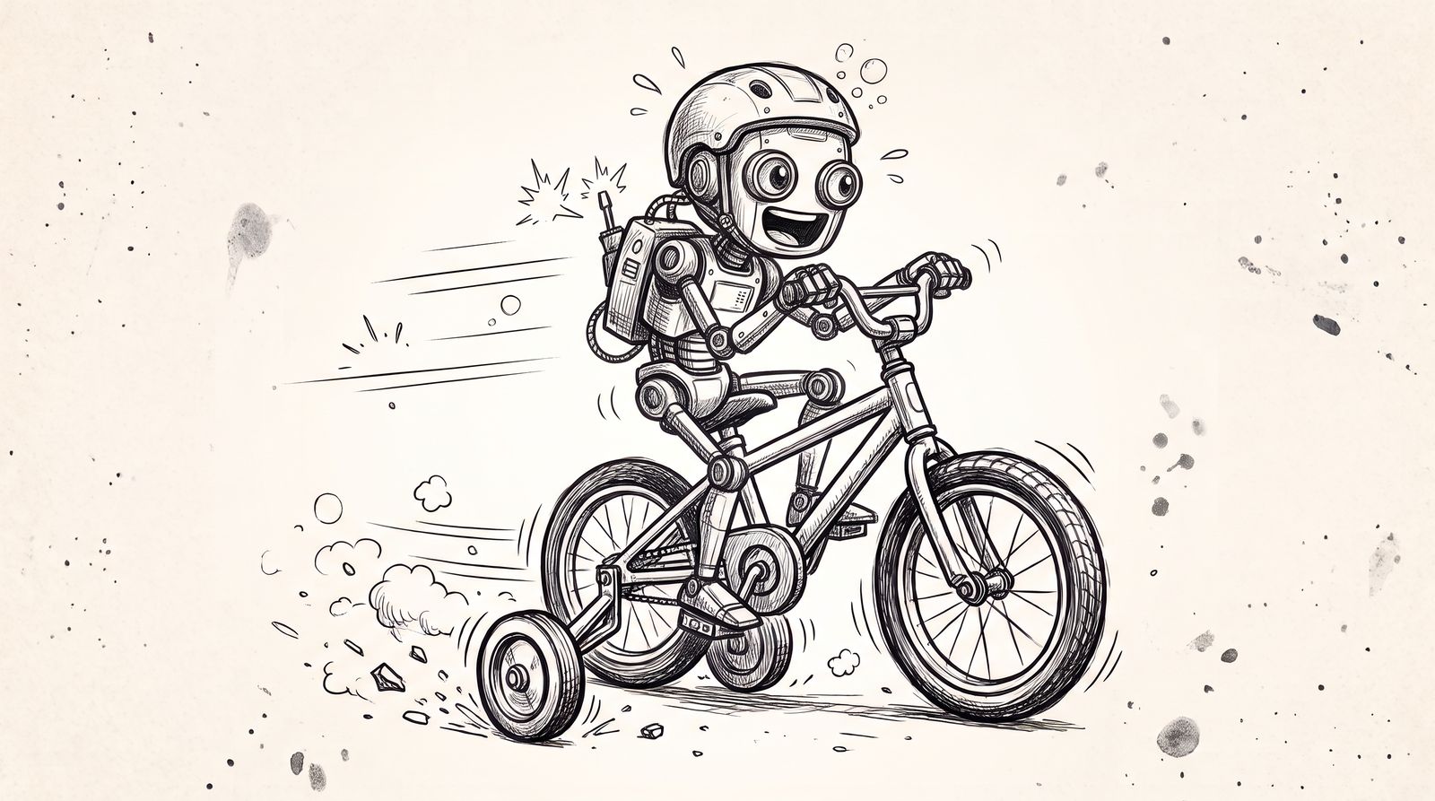 Cartoon robot wearing a helmet, grinning as it rides a bicycle fitted with training wheels