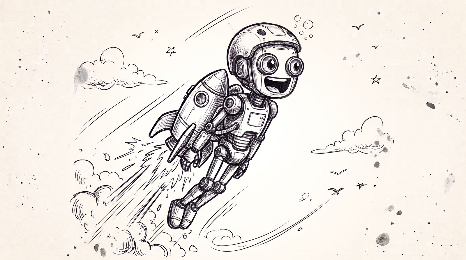 Cartoon robot with a jetpack strapped on, grinning as it rockets upward through clouds